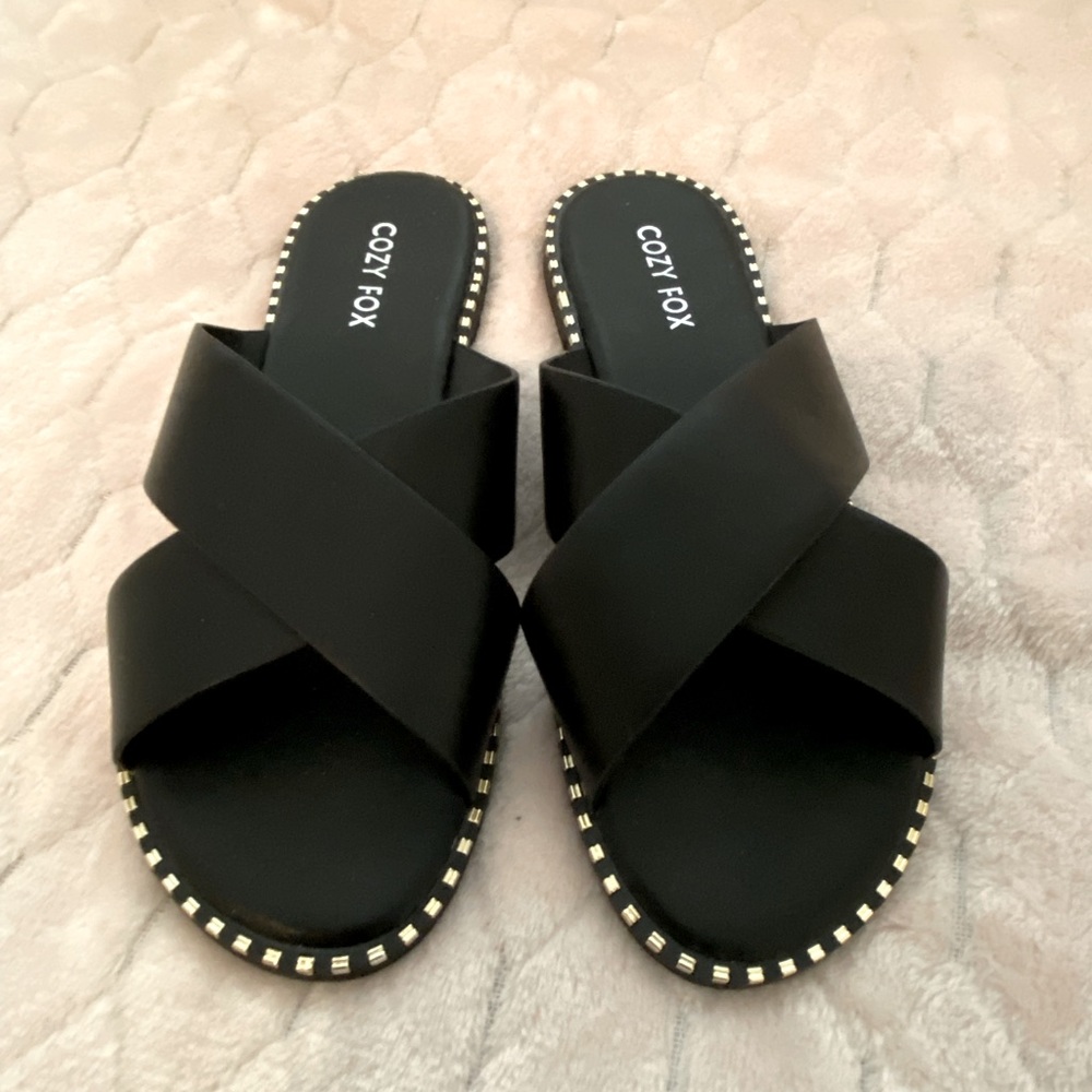 Black slip on Sandels with gold detail